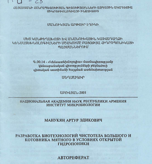 Մեծ կանթեղախոտի և անանուխային կատվադաղձի կենսատեխնոլոգիաների մշակումը բացօթյա հիդրոպոնիկայի պայմաններում