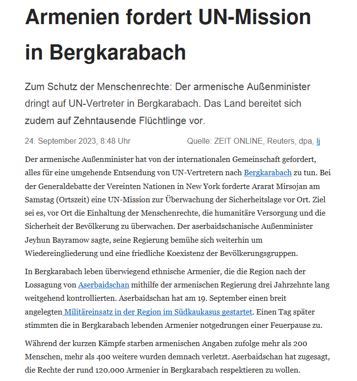 Bergkarabach: Armenien fordert UN-Mission in Bergkarabach