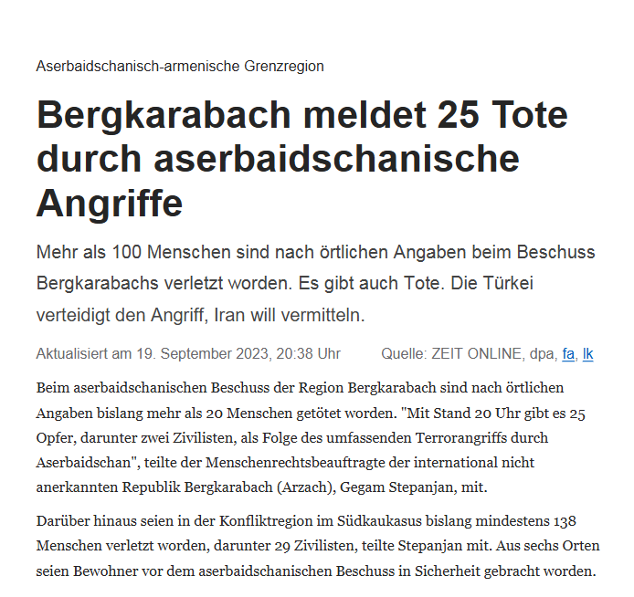 Bergkarabach meldet 25 Tote durch aserbaidschanische Angriffe