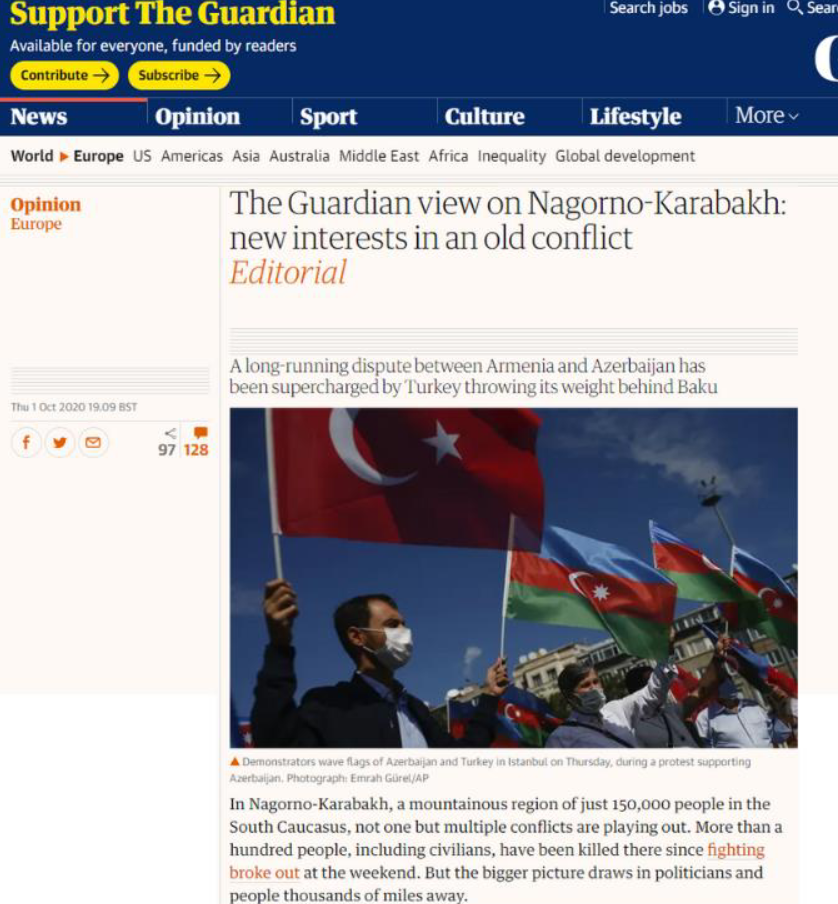 The Guardian view on Nagorno-Karabakh: new interests in an old conflict.A long-running dispute between Armenia and Azerbaijan has been supercharged by Turkey throwing its weight behind Baku