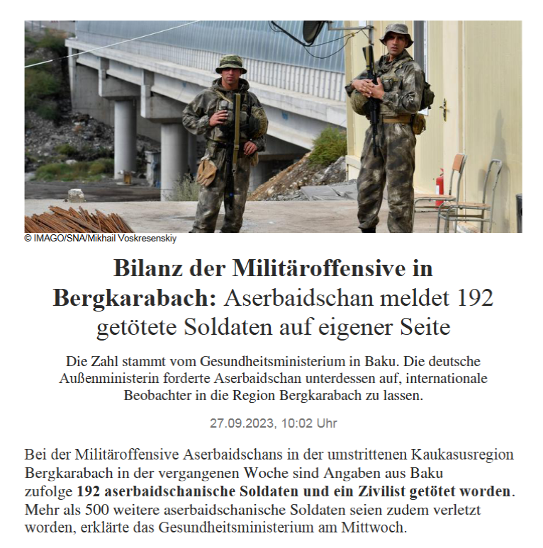Bilanz der Militäroffensive in Bergkarabach: Aserbaidschan meldet 192 getötete Soldaten auf eigener Seite