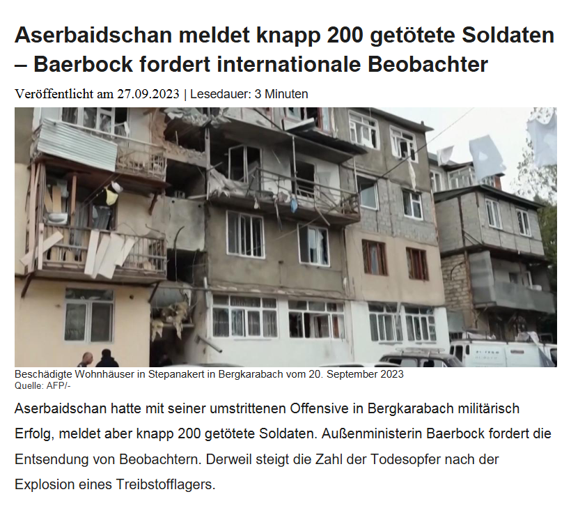 Aserbaidschan meldet knapp 200 getötete Soldaten – Baerbock fordert internationale Beobachter
