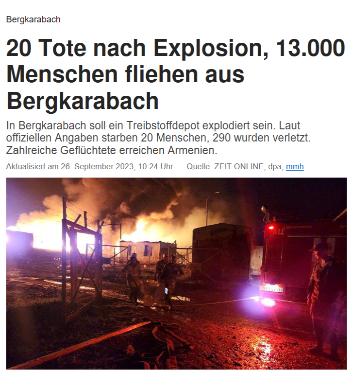 Bergkarabach: 20 Tote nach Explosion, 13.000 Menschen fliehen aus Bergkarabach