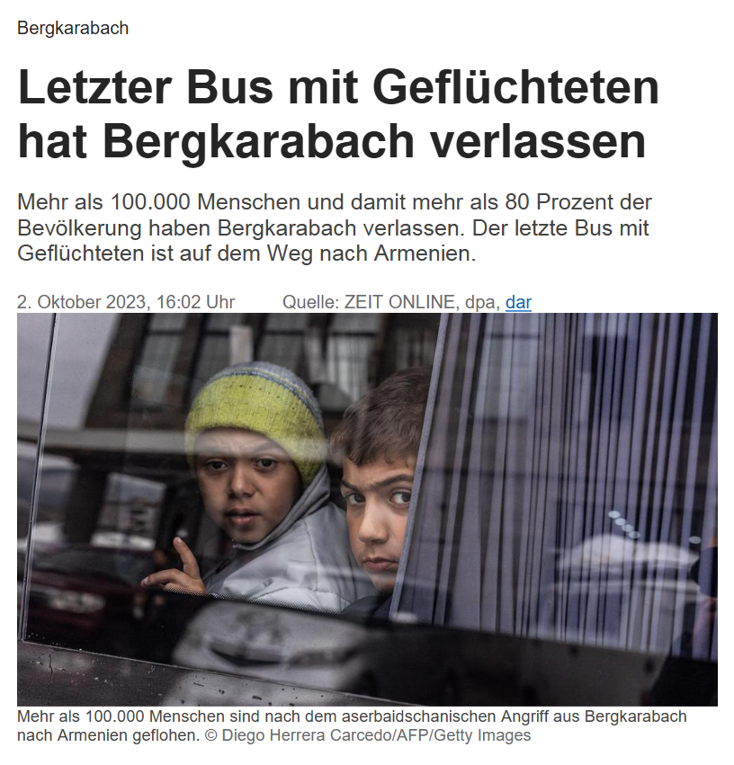Bergkarabach: Letzter Bus mit Geflüchteten hat Bergkarabach verlassen