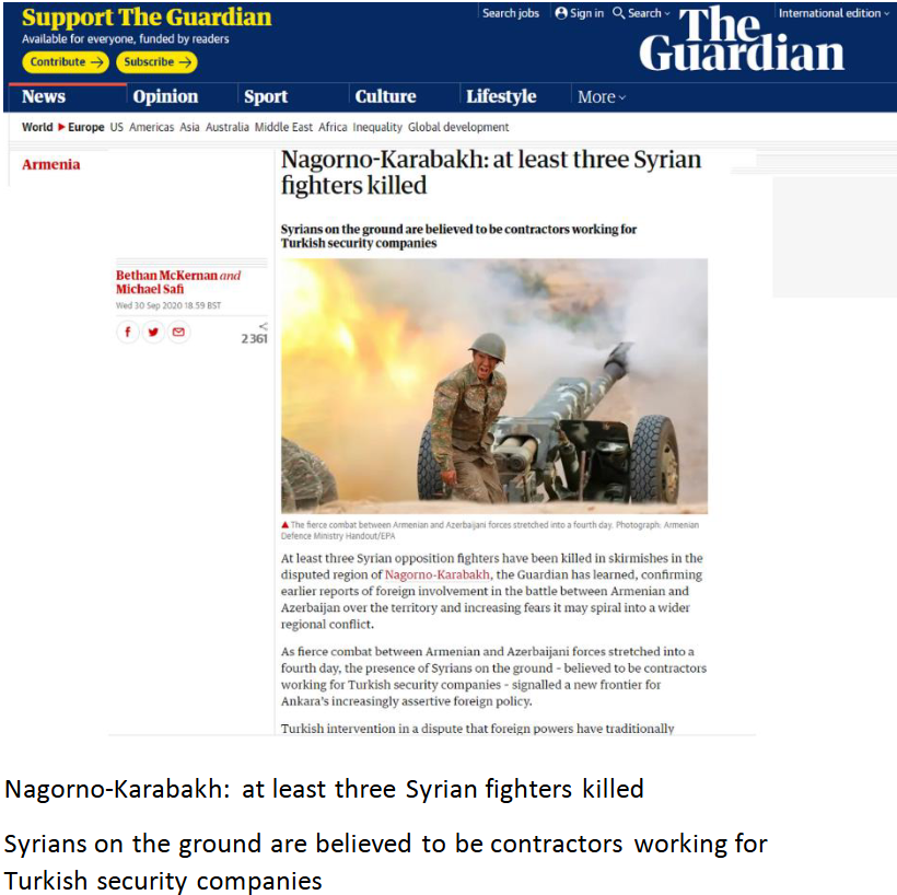 Nagorno-Karabakh: at least three Syrian fighters killed. Syrians on the ground are believed to be contractors working for Turkish security companies