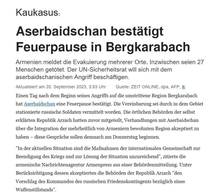 Kaukasus: Aserbaidschan bestätigt Feuerpause in Bergkarabach