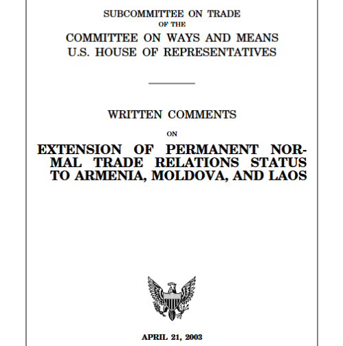 Written comments on extension of permanent normal trade relations status to Armenia, Moldova, and Laos