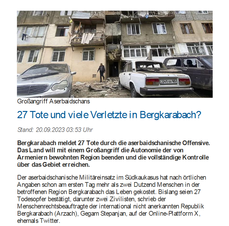 27 Tote und viele Verletzte in Bergkarabach?