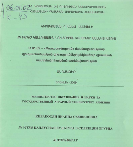 In vitro каллусная культура в селекции огурца
