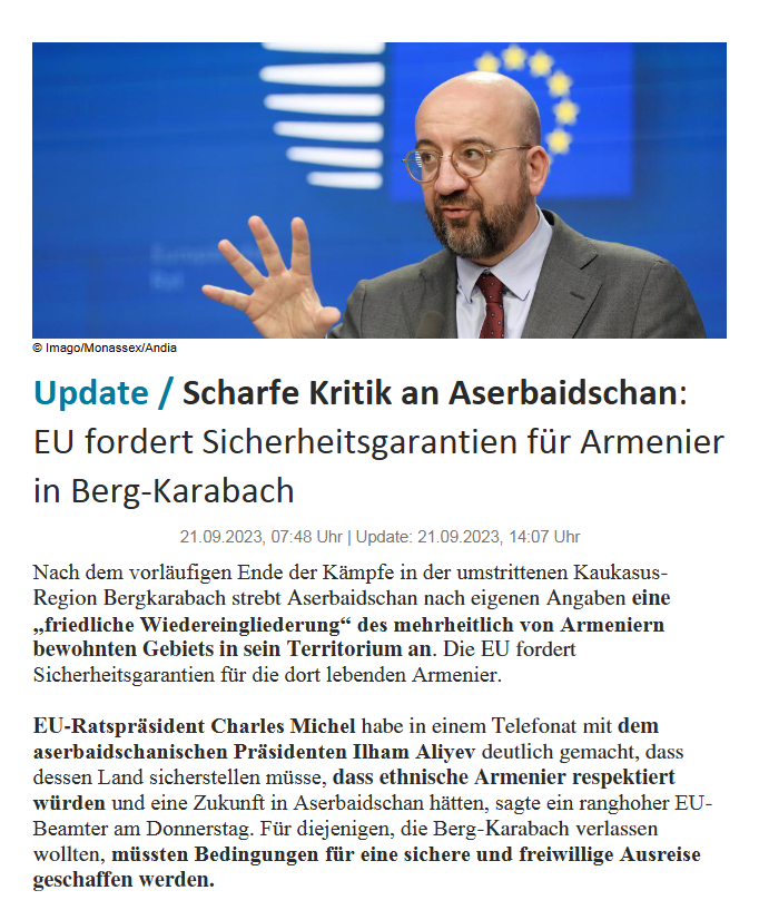 Scharfe Kritik an Aserbaidschan: EU fordert Sicherheitsgarantien für Armenier in Berg-Karabach