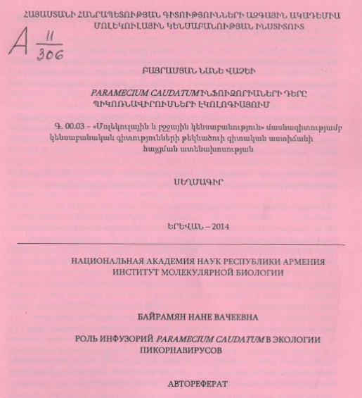 Роль инфузорий Paramecium caudatum в экологии пикорнавирусов