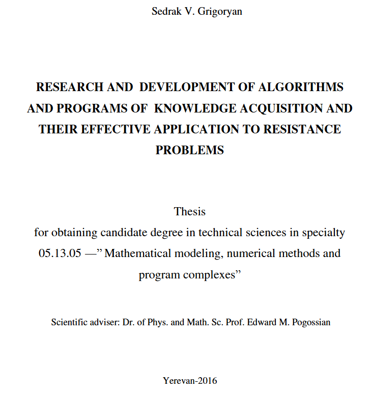 Research and development of algorithms and programs of knowledge acquisition and their effective application to resistance problems