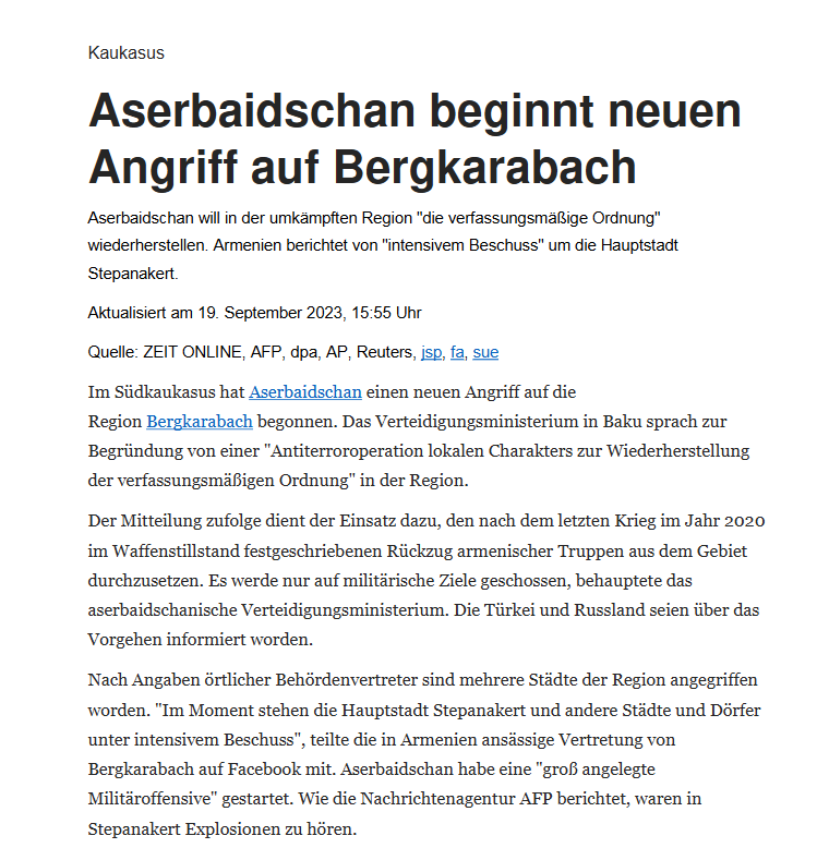 Kaukasus: Aserbaidschan beginnt neuen Angriff auf Bergkarabach