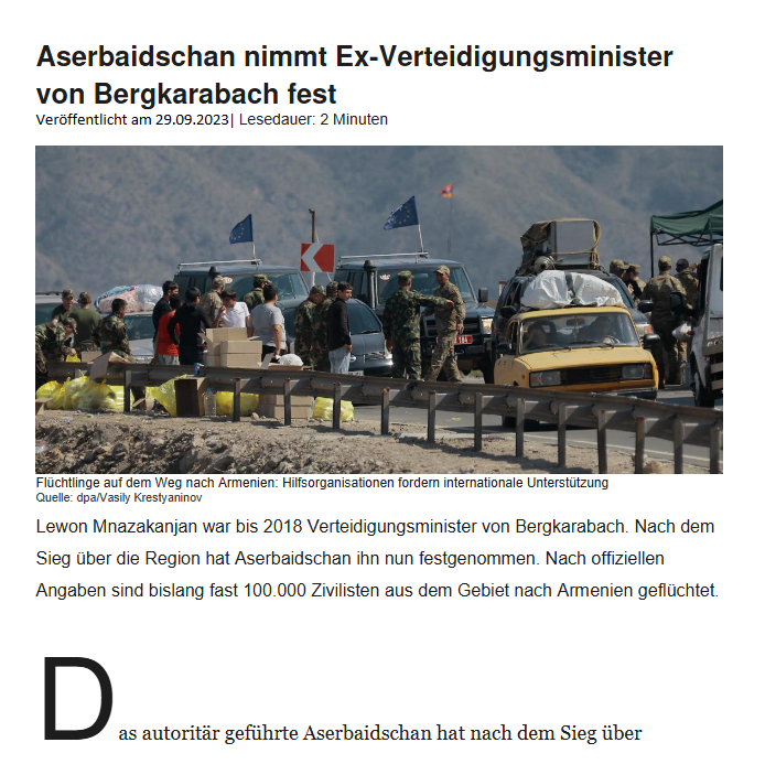 Aserbaidschan nimmt Ex-Verteidigungsminister von Bergkarabach fest