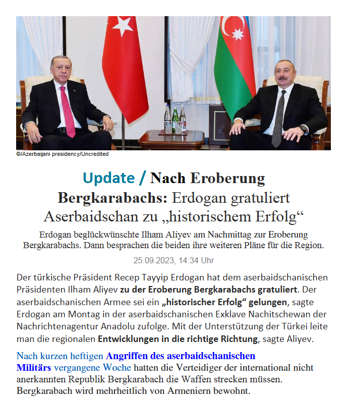 Nach Eroberung Bergkarabachs: Erdogan gratuliert Aserbaidschan zu „historischem Erfolg“