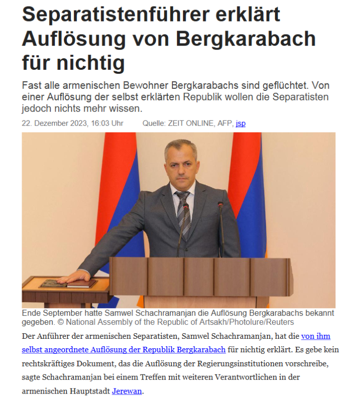 Südkaukasus: Separatistenführer erklärt Auflösung von Bergkarabach für nichtig