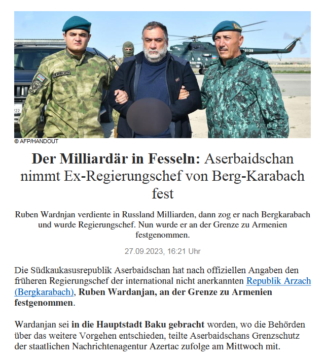 Der Milliardär in Fesseln: Aserbaidschan nimmt Ex-Regierungschef von Berg-Karabach fest
