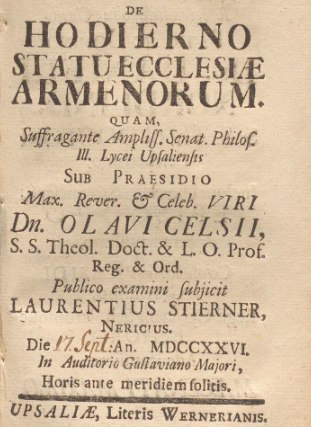 Dissertatio academica de hodierno statu ecclesiæ Armenorum