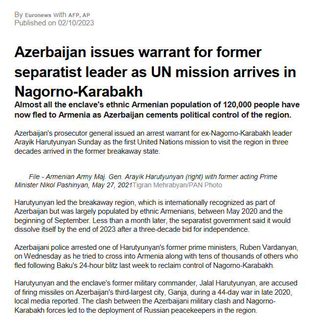 Azerbaijan issues warrant for former separatist leader as UN mission arrives in Nagorno-Karabakh