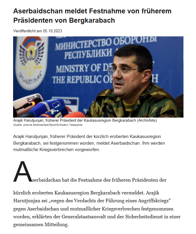 Aserbaidschan meldet Festnahme von früherem Präsidenten von Bergkarabach