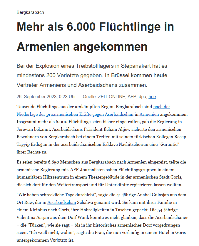 Bergkarabach: Mehr als 6.000 Flüchtlinge in Armenien angekommen