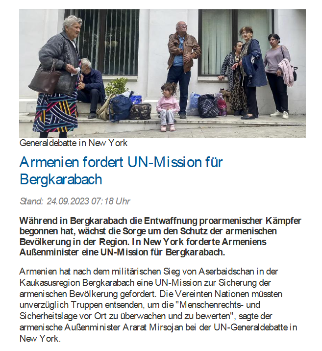 Armenien fordert UN-Mission für Bergkarabach