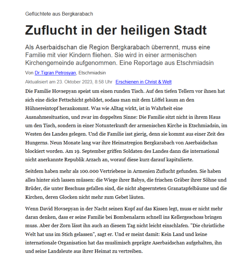 Geflüchtete aus Bergkarabach: Zuflucht in der heiligen Stadt