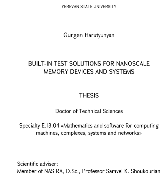 Built-in test solutions for nanoscale memory devices and systems / Ներկառուցված թեստային լուծումներ նանոչափական հիշող սարքերի և համակարգերի համար