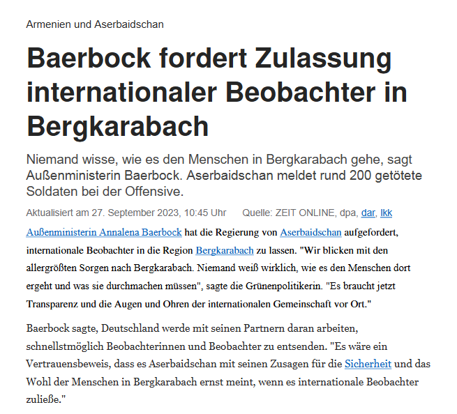 Armenien und Aserbaidschan: Baerbock fordert Zulassung internationaler Beobachter in Bergkarabach