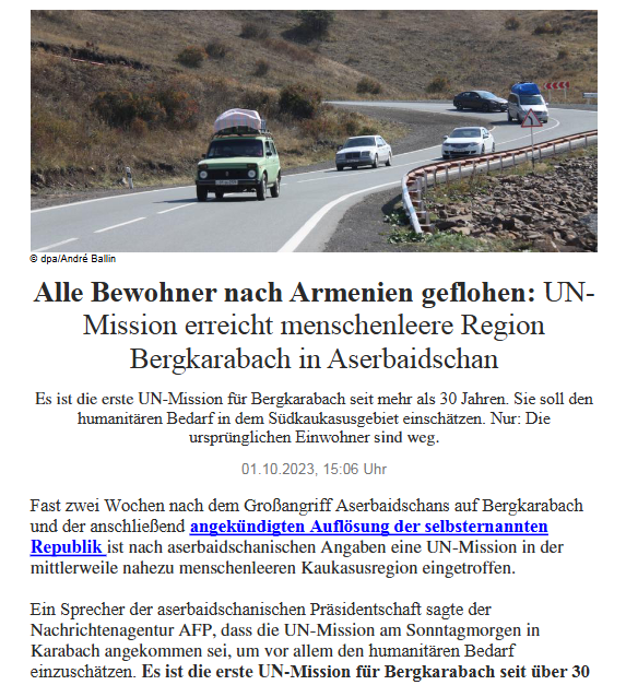 Alle Bewohner nach Armenien geflohen: UN-Mission erreicht menschenleere Region Bergkarabach in Aserbaidschan