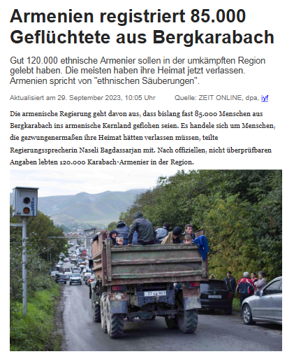 Angriff von Aserbaidschan: Armenien registriert 85.000 Geflüchtete aus Bergkarabach