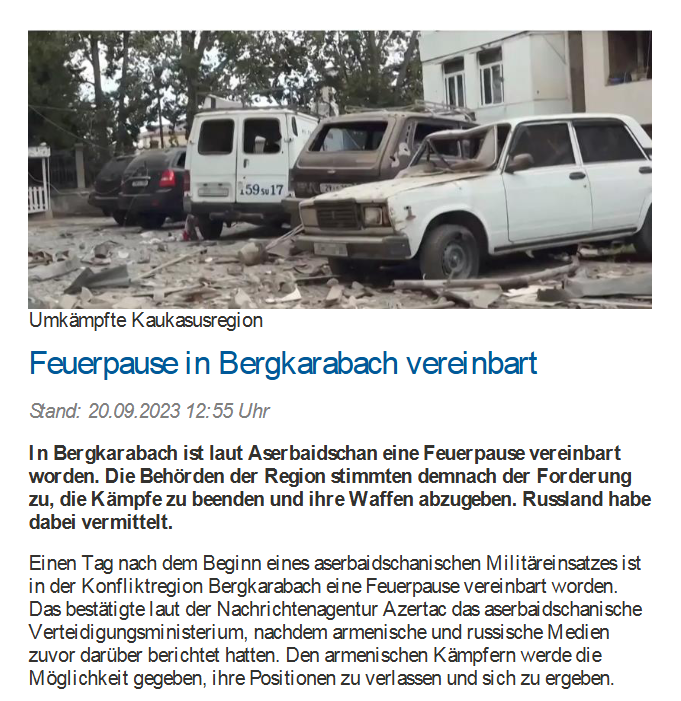 Feuerpause in Bergkarabach vereinbart